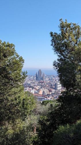 Das Bild zeigt den Ausblick vom Park Guell in Barcelona von den Bergen Richtung Meer. In der Mitte des Bildes ist die Kathedrale Sagrada Familia zu sehen.